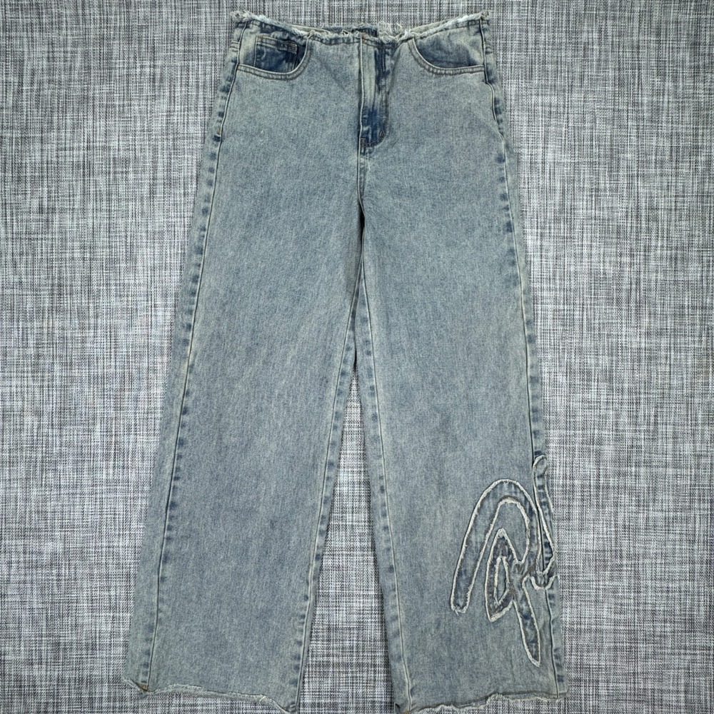 PrettyLittleThing Womens Wide Leg Jeans Size 6 Light Wash Distressed Raw Hem